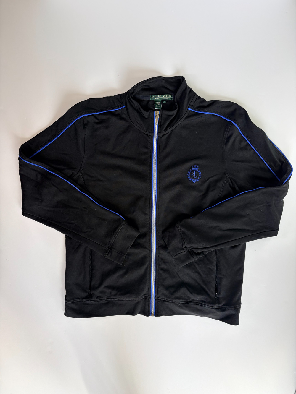 Lauren Active Ralph Lauren Zip Up Track Jacket Black Blue Trim Size L